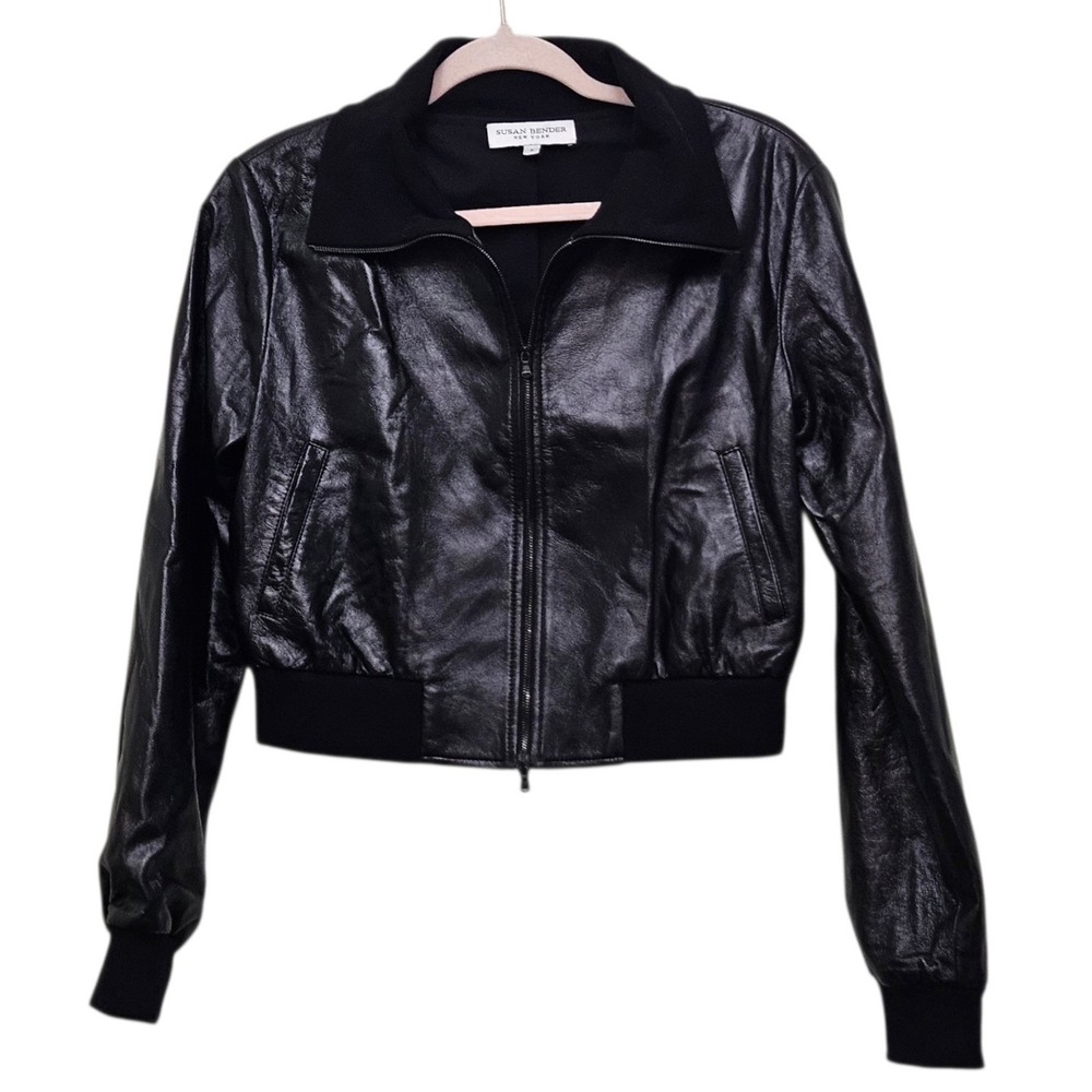 Susan Bender Long Sleeve Bomber Leather Jacket Womens 6 Black  Cropped Goth Glam
